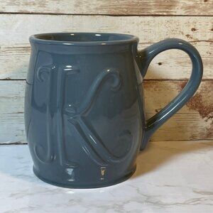 Signature Housewares “K” Mug-14oz Stoneware, Embossed "K", Blue/Gray, 4.25" tall